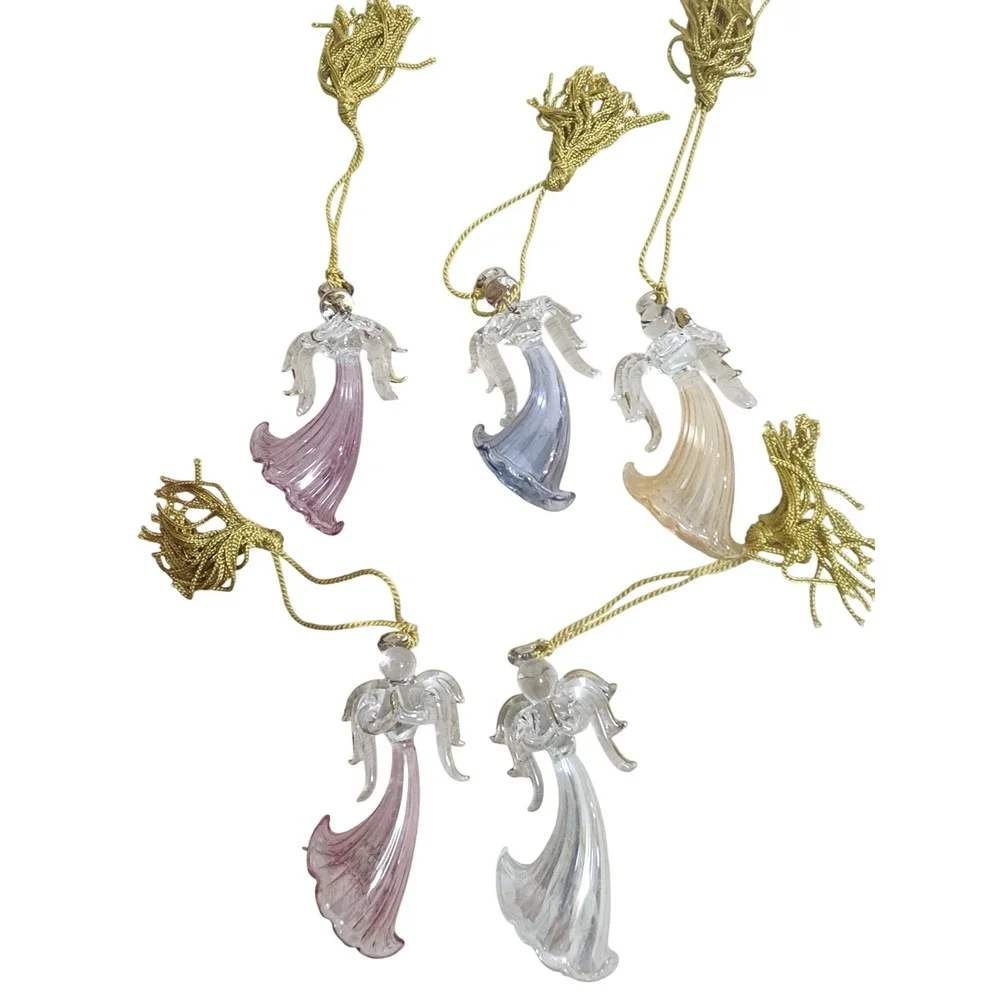 Lenox Crystal Angel Ornaments Set of 5 Assorted Colors Spun Glass Gold Tassels